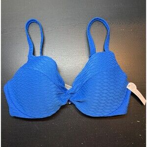 Victoria Secret 34D TWIST FRONT Push Up Bikini Top Underwire Textured Blue NWT